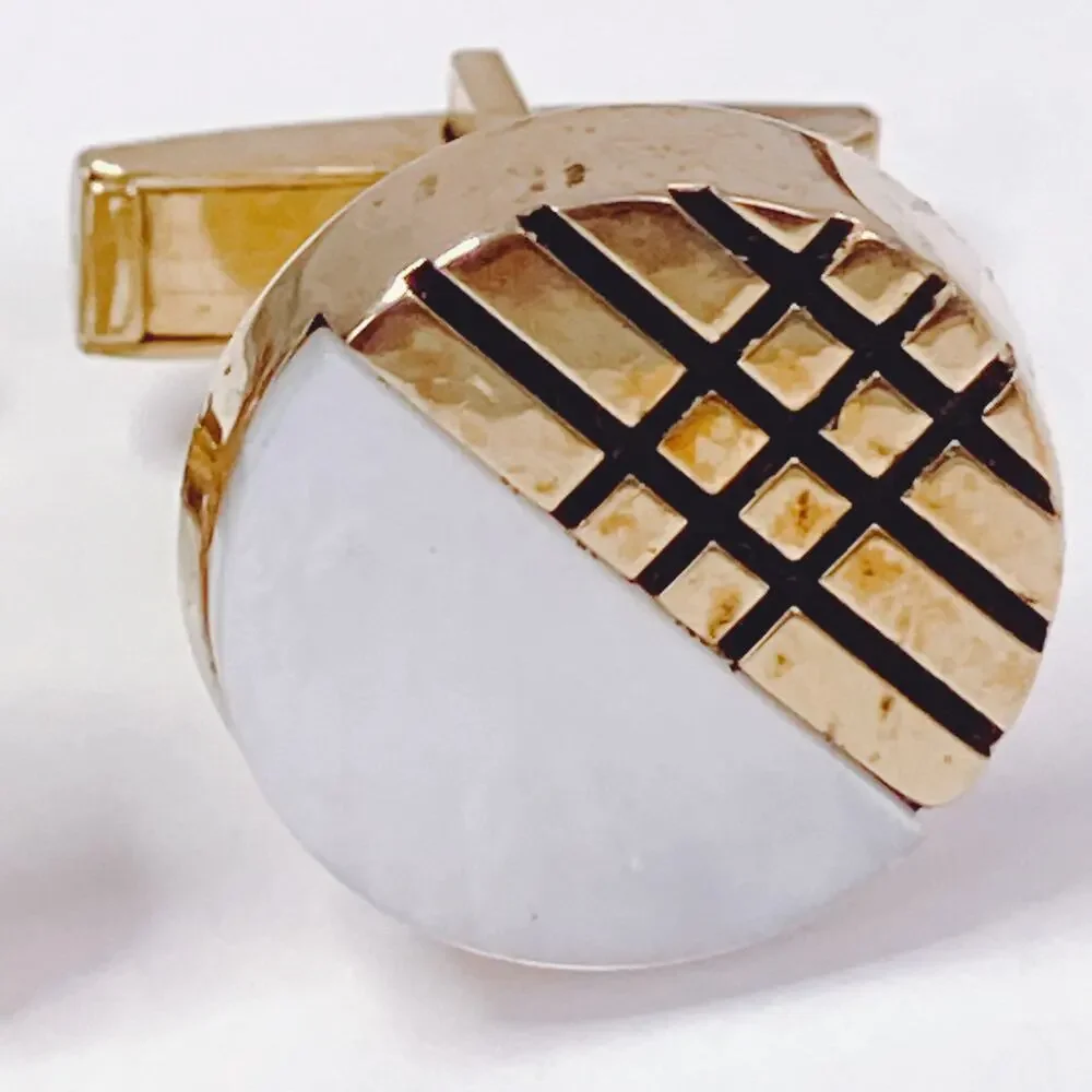 Vintage Modernist Geometric Cufflinks Mother Of Pearl Gold Tone 1960s 1970s